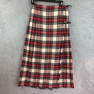 Laird Portch of Scotland Plaid Maxi Wool Skirt Kilt Red White Leather Strap Vtg